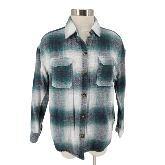 Hollister Boyfriend Flannel Shacket Green Plaid Long Sleeve Button Shirt Medium - Picture 1 of 6